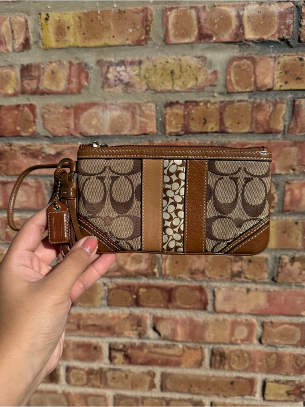 Coach Vintage Y2K Signature Monogram Wristlet Wallet Brown Tan Leather Tassel